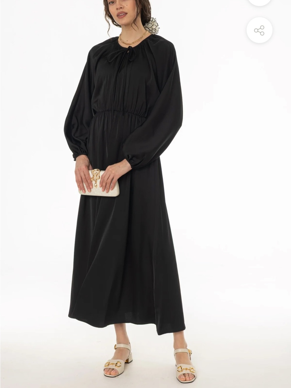 Elegant Black Long Sleeve Flare Maxi Dress with Tie Neck